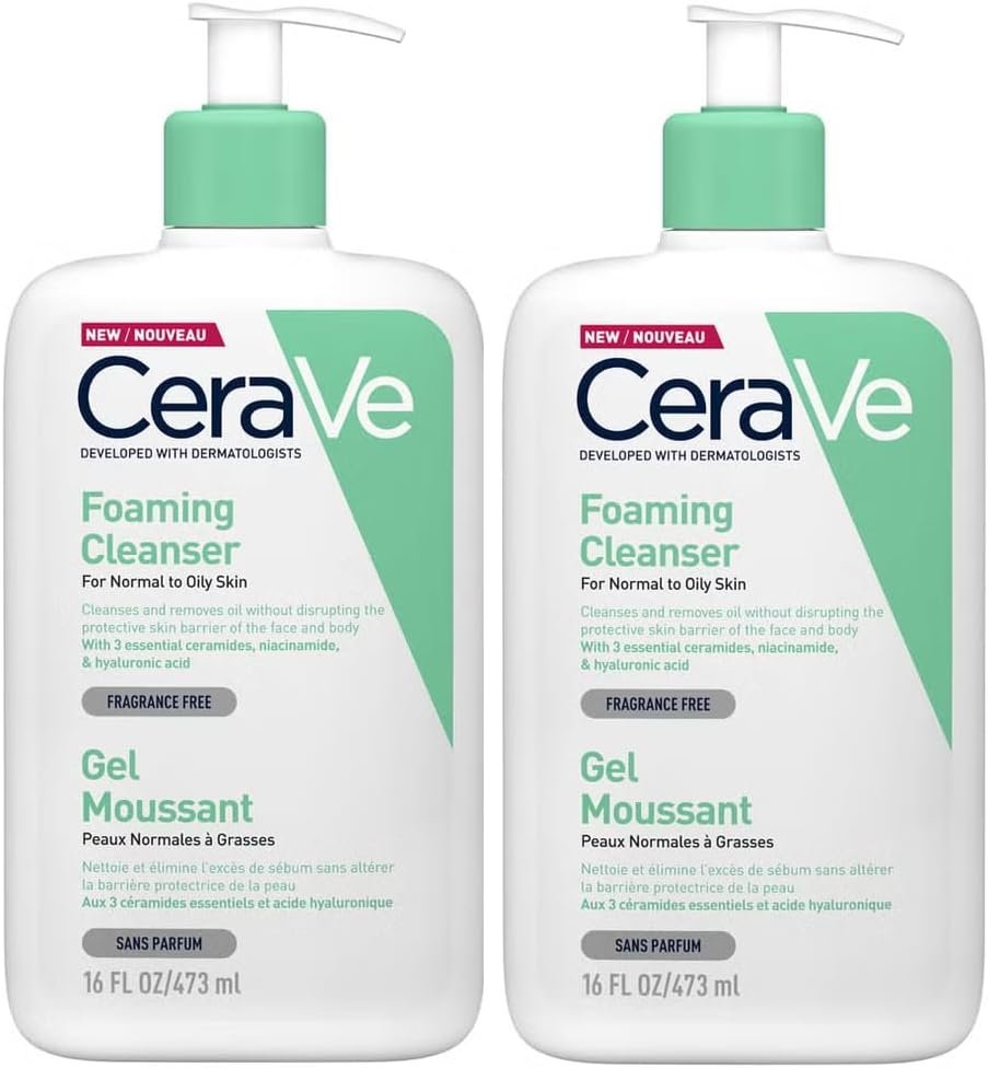 Cerave Lot de 2 nettoyants moussants – Avec acide hyaluronique, niacinamide et 3 céramides essentielles – Nettoyant quotidien pour le visage pour peaux normales à grasses 473 ml x 2 Amazon.fr: Beauté et Parfum